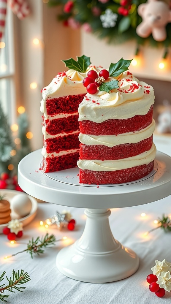 Festive Red Velvet Cake Recipe A beautifully decorated red velvet cake with cream cheese frosting, garnished with holiday decorations, on a festive table.